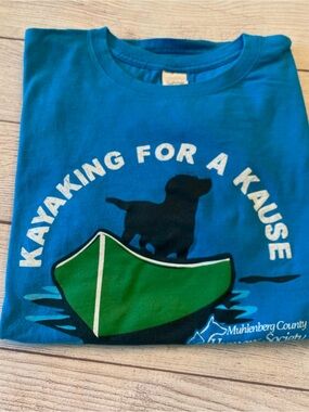 Blue Graphic Tee with Kayaking Dog Graphic